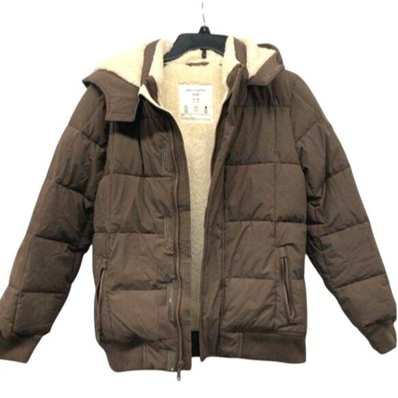 Abercrombie Kids Brown Puffer Jacket With Faux Shearling Lining & Hood Size 13/1 - Picture 1 of 3
